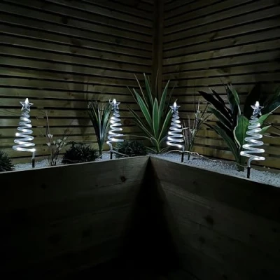 Image of Set of 4 Battery Operated LED Cool White Spiral Tree Path Lights Christmas Decoration with Timer