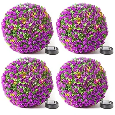 Image of Taylor &amp; Brown 28cm Solar Powered 20 LED Rose Artificial Topiary Ball Hanging Ornament Boxwood Garden Ultra Bright Light Decorative Two Functions (4 Pack, Purple)