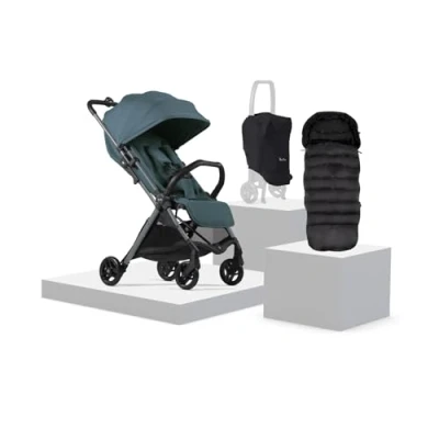 Image of Silver Cross Jet 5 Compact Pushchair &amp; Footmuff Travel Stroller Foldable Lightweight Stroller/Travel System Cabin Size Car Seat Compatible Newborn to 4 Years Mineral