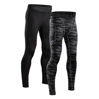 Image of DANISH ENDURANCE Compression Tights, Running, Gym &amp; Workout, Quick Dry, for Men, 2 Pack, Multicolor (1x Black, 1x Grey Camo), L