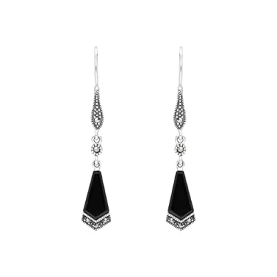 Image of Esse Marcasite Sterling Silver Art Deco Kite Shaped Black Onyx with Detail Dangle Earrings