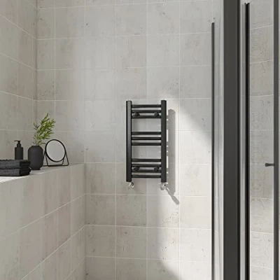 Image of Warmehaus Curved Heated Towel Rail Black Bathroom Ladder Style Radiator Central Heating 600x300mm