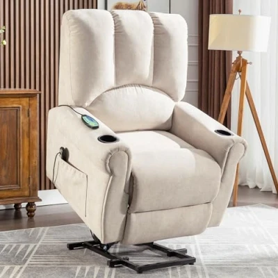Image of Merax Power Lift Geriatric Recliner Armchair, Reclining Chairs with Single Motor, Heated Massage, Standing Assist, Storage Bag, Cup Holder, Riser and Armchairs for Living Room, Beige