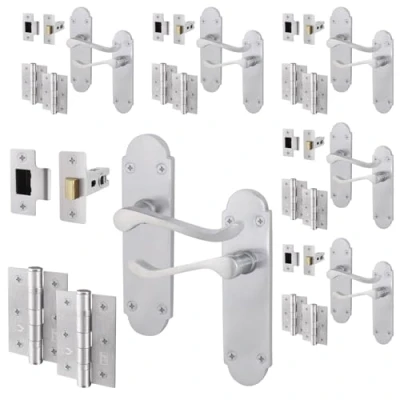 Image of EAI Satin Door Handle Latch Set Victorian Scroll Shaped 6 Pairs of Internal Chrome Lever Handles on Backplate with Hinges (76mm) &amp; Latches (64mm)