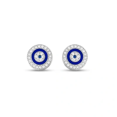Image of MYSTIC JEWELS By Dalia 925 Sterling Silver Round Evil Eye Earrings with Cubic Zirconia and Enamel, 1 cm,