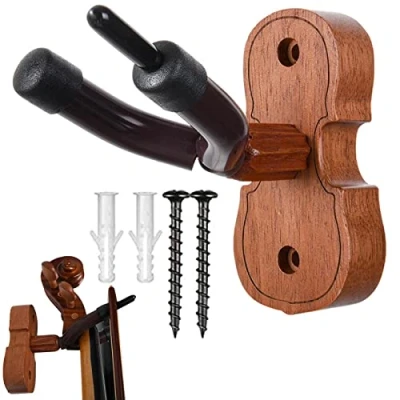 Image of Wall Guitar Hangers, Cute Mahogany Hooks Mounts For Walls, Strong Load Bearing Mounts, Mount Violin Hanger Hook With Bow Holder Fits Cello, Viola, Ukulele,