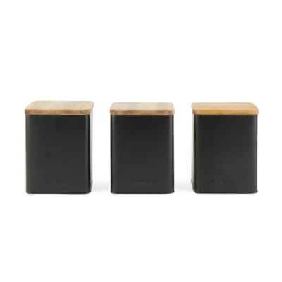 Image of Salter BW12898EU7 Toronto 3 Piece Canister Set Tea, Coffee, Sugar Storage Canisters, Powder Coated Matt Finish, Acacia Wood Lids, Easy Clean, Space Saving Jars, Long Lasting Freshness, Black