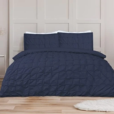 Image of Sleepdown Duvet Cover Set Navy Blue Rouched Pleats Geometric Pintuck Ruched Quilt Easy Care Bed Linen Soft Cosy Bedding Sets with Pillowcases Double (200 cm x 200 cm)