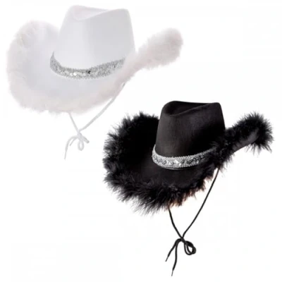 Image of Pack of 2 Texan Cowgirl Hats With Sequins &amp; Marabou Feather (1 x Black and 1 White) : Adult Ladies Womens Wild West Rodeo Cowboy Pop Tour Music Festival Fancy Dress Accessory Set