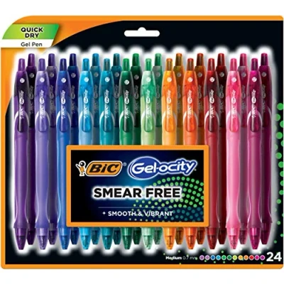 Image of BIC Gel ocity Quick Dry (Dries Up To 3x Faster) SUPER BRIGHT Colors 24 Pack, Smear Free, Assorted Retractable Pens, Medium Point 0.7mm, Colorful Pens for adults Women &amp; Men (RGLCGA24 A AST)