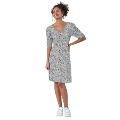 Image of Roman Originals Tea Dress for Women UK Ladies Skater Swing Fit &amp; Flare Flattering Summer Knee Length Frill Hem Ruched Chest Casual Smart Cocktail Party Going Out Black White Size 14