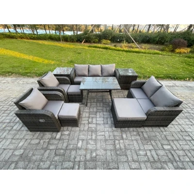 Image of Outdoor Rattan Garden Furniture Set 10 Seater Patio Lounge Sofa with Dining Table 3 Footstools 2 Side Tables Dark Grey Mixed Fimous