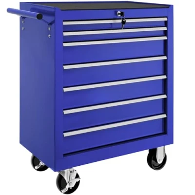 Image of TecTake® Tool Chest with 7 Drawers, Lock and Non Slip Mats. Made Powder Coated Steel, Ball Bearing Slides 4 Wheels Brakes. Durable Rolling Storage for Workshops. 150 kg Load Blue