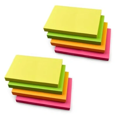 Image of 8 Pads Rectangular Sticky Notes 127 x 76 mm (5&quot; 3&quot;) Neon Colours Yellow, Pink, Green, Orange 100 Sheets per Pad Self Stick for Office, School, Home
