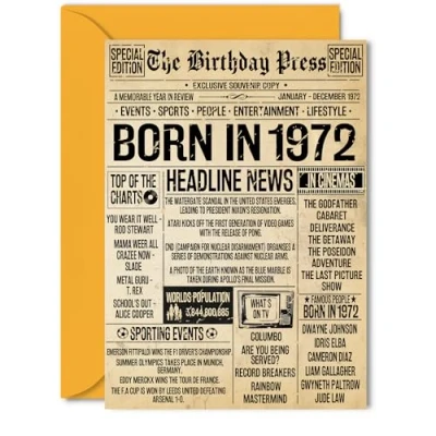 Image of 53rd Birthday Card for Men Women Bday Press Newspaper 1972 Happy 53 Cards Colleague Nan Wife Dad Brother Neighbour, 5x7 Inch Greeting