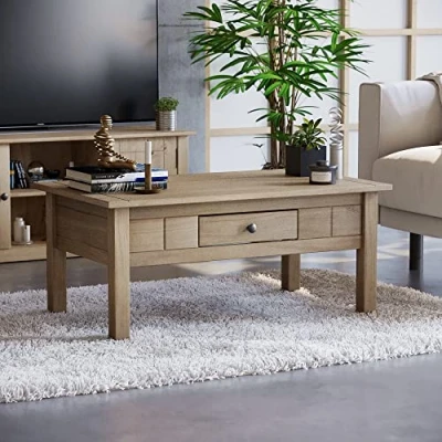 Image of Vida Designs Panama 1 Drawer Coffee Table, Rustic Living Room Furniture, Natural Oak Wood, Wax Finish