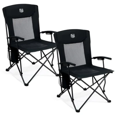 Image of TIMBER RIDGE Folding Camping Chair 2 Set for Adults Heavy Duty, Beach 150kg Oversized with High Back &amp; Mesh Outdoor Comfy, Portable Festival Fishing Garden Picnic Dining, Black
