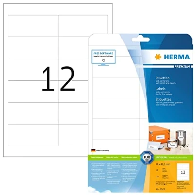 Image of HERMA Self Adhesive Multipurpose Labels, 12 Labels per A4 Sheet, 10 Sheets, 97 x 42.3 mm, 120 Blank Universal Stickers, Sticky for Laser &amp; Inkjet Printer, White