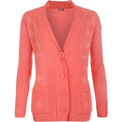 Image of WearAll Plus Size Womens Button Long Sleeve Pocket Top Ladies Knitted Cardigan Coral 12 14