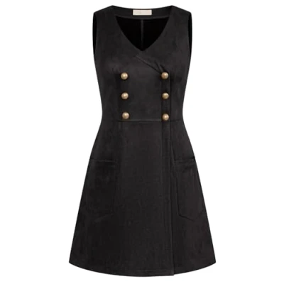 Image of Belle Poque Women Pinafore Dress Sleeveless Faux Suede A Line with Pockets Black S