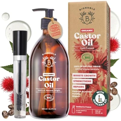 Image of Bionoble Organic Castor Oil 500ml 100% Pure, Natural and Cold Pressed Lashes, Eyebrows, Body, Hair, Beard, Nails Vegan, Cruelty Free Glass Bottle + Pump Mascara Kit