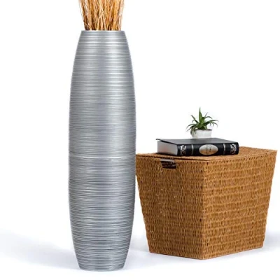 Image of Leewadee Large Silver Home Decor Floor Vase Wooden 90 cm Tall Farmhouse Flower Holder For Fake Plant And Pampas Grass
