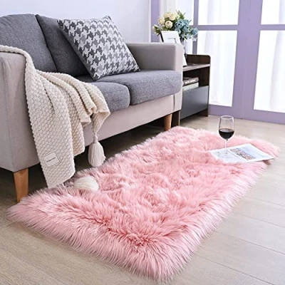 Image of HEQUN Faux Fur Rug, Fluffy Shaggy Rugs,Faux Sheepskin Rugs Floor Carpet for Bedrooms Living Room Kids Rooms Decor (Pink, 75 X 120 CM Square)
