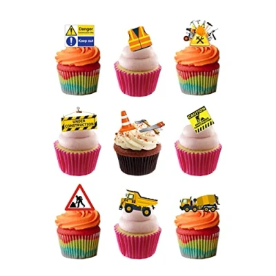 Image of 25 Stand Up Construction Builder Worker Themed Edible Wafer Paper Cake Toppers Decorations