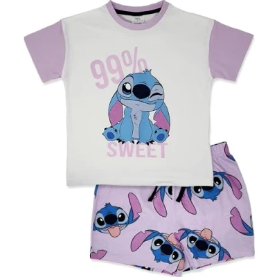 Image of Disney Lilo &amp; Stitch 100% Combed Cotton Overhang shoulder short Pyjama Set 13 14yr