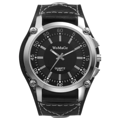 Image of JewelryWe Men Steampunk Cuff Watch: Big Dial Black Wide Leather Strap Analog Quartz Wrist Watch Rock Biker Halloween