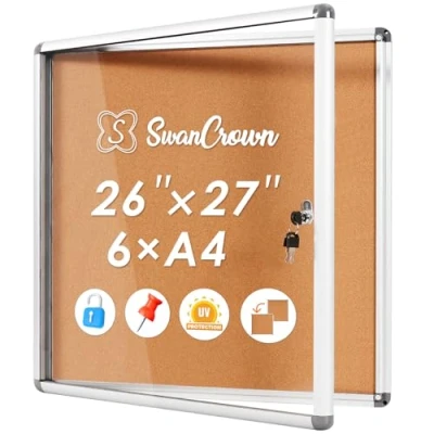 Image of SWANCROWN Lockable Notice Cork Board, Tamperproof Wall Display Board with Locking Door for Office School Home, 67x72cm(6xA4)