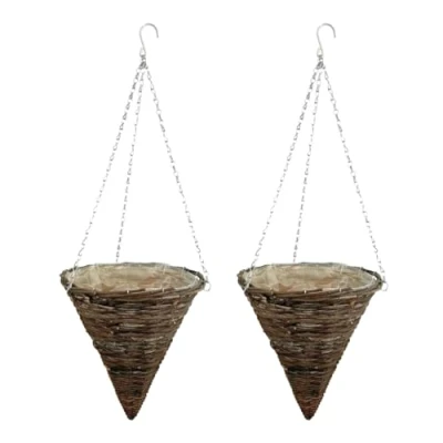 Image of ADEPTNA Set of 2 Cone Garden Hanging Baskets 12 Inches Natural Basket Plants Wall Flower Planter Pot with Detachable Chain for Home Decoration (RATTAN BASKETS)