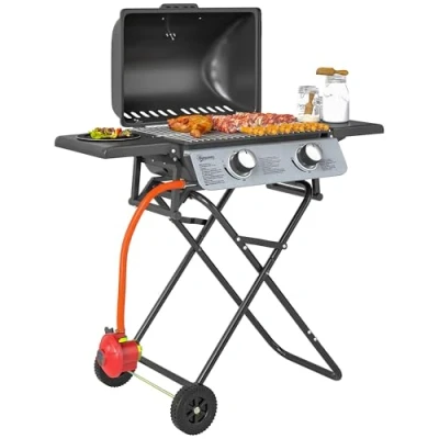 Image of Outsunny Foldable Gas BBQ with Side Tables, 2 Burner Portable Barbecue Grill Thermometer Lid Grease Tray Wheels, Folding Trolley for Garden Party Camping Picnic Outdoor Cooking, 5.6KW, Black
