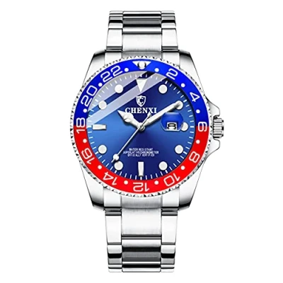 Image of JewelryWe Men&#039;s Watch Stainless Steel Quartz Analogue 30 m Waterproof Roman Numerals Dial with Week Date Calendar and Luminous Hands Father&#039;s Day Gift, Rotating Bezel Silver/Blue,