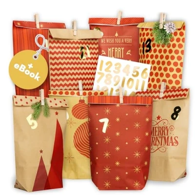 Image of AMARI ® Advent Calendar for Filling No. 18 Red Mix 24 Paper Bags (with Wooden Clips) Crafts Christmas