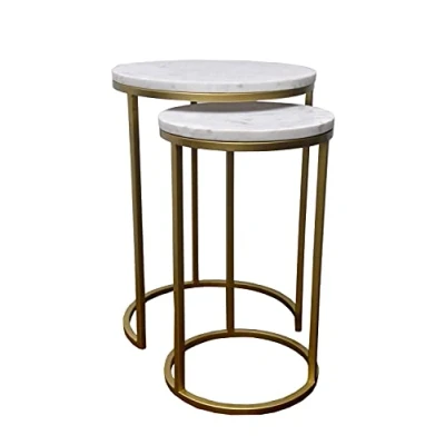 Image of Aspect Hiba Nest of Tables Metal Bases, White Marble/Gold, 40 Dia x 55(H) cm/ 30.5 50.5(H) cm