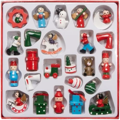 Image of BRUBAKER 24 Pieces Wooden Christmas Tree Decorations Up to 1.6 inches (4 cm) Tall Figures Traditional Pendant Set Hand Painted Trees Presents Locomotive Snowman