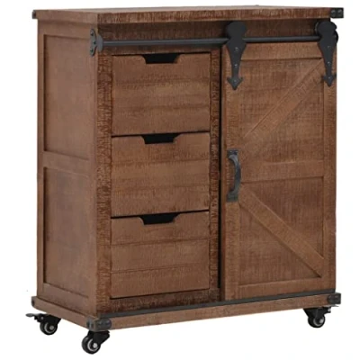 Image of vidaXL Solid Fir Wood Storage Cabinet with Sliding Door Brown, Vintage Style, Multi Functional Furniture for Living Room, Bedroom, Hallway Easy to Assemble