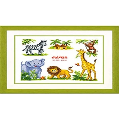 Image of Vervaco Birth Record Zoo Animals Counted Cross Stitch Kit, Multi Colour