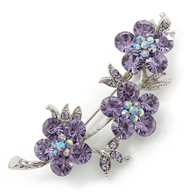 Image of Avalaya Light Purple Diamante Floral Brooch in Rhodium Plating 55mm Length