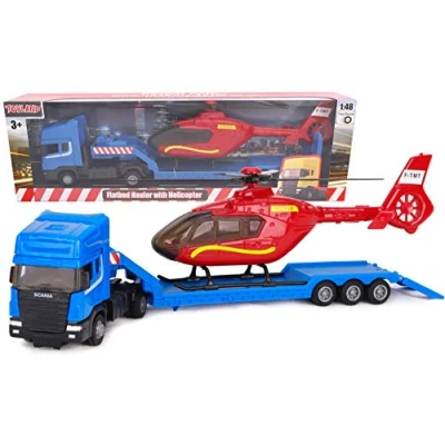 Image of Toyland® Scania Flatbed Hauler With Helicopter 1:48 Scale Free Wheel Transport Vehicle Toys Collectables Boys