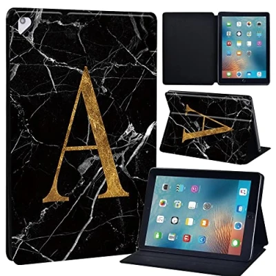 Image of Initial Letter Leather slim lightweight Stand Cover Case for Apple New iPad 9.7 2018 2017(6th Gen, 5th Gen)/iPad Air 2/iPad Air/iPad Pro Tablet with Auto Wake/Sleep (blackmarbleA)
