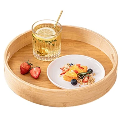 Image of Dudoplatz Bamboo Serving Tray, Round Wooden Tray with Handles and Raised Edge, Plate for Food, Coffee, Wine, Tea, Fruit, Meals (35 x 35 5 cm)