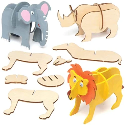 Image of Baker Ross AT945 Make Your Own 3D Jungle Animal, Woodcraft Kits For Kids Arts and Crafts Projects Painting (Pack of 5), Assorted