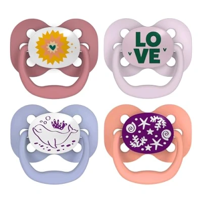 Image of Dr. Brown&#039;s Advantage Glow in the Dark Baby Pacifier, Fully Symmetrical Soother with Soft Silicone Bulb, 0 6m, BPA Free, Lavender Love and Coral Ocean, 4 Pack (Style May Vary)