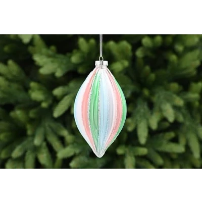 Image of Festive Productiions 16cm Segment Pastel Glass Drop Bauble Pink Blue Silver and Green Stripe Hanging Christmas Decoration