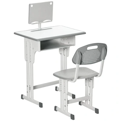 Image of HOMCOM Kids Desk and Chair Set Adjustable Height Study Table w/Drawer, Book Stand, Pen Slot Grey