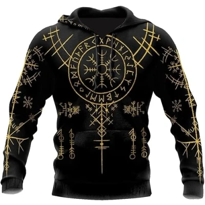 Image of Viking Zip Up Hoodie For Men Nordic Vegvisir Hooded Sweatshirt 3D Print Pullover Casual Polyester (Color : hoodie, Size XL)