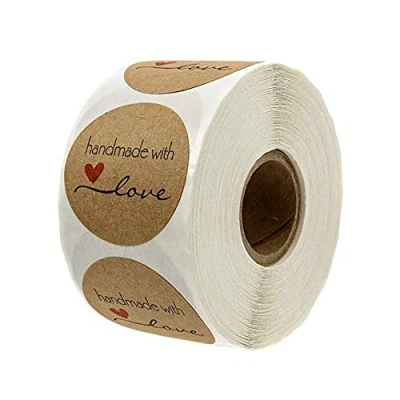 Image of Haobase 500 Pcs Roll Kraft Paper Stickers Round Natural Handmade with Love for Baking Gift Bags Wedding Thanksgiving