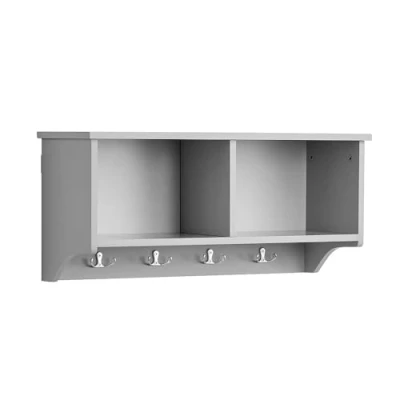 Image of Home Source Wall Mounted Rack, 4 Hook Coat Robe Hanging Unit with Storage Shelves Bathroom Hallway, Grey, Wood